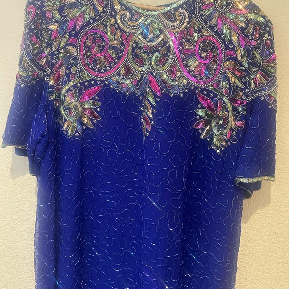 Laurence Kazar Royal Blue Silk Beaded Gown - Picture 5 of 11